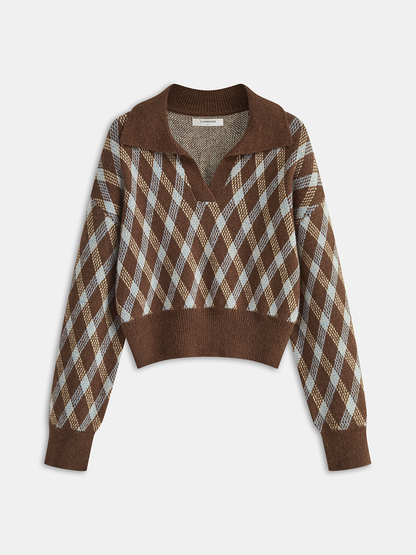 Argyle Patterned Collared Knit Sweater Dark Brown