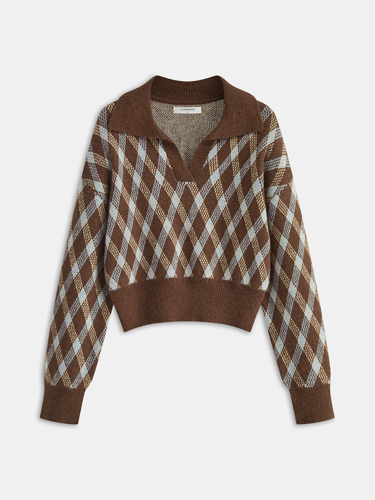 Argyle Patterned Collared Knit Sweater Dark Brown