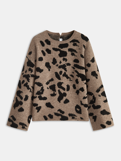 Bow Detail Leopard Print Knit Sweater Camel