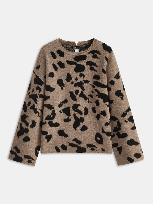 Bow Detail Leopard Print Knit Sweater Camel