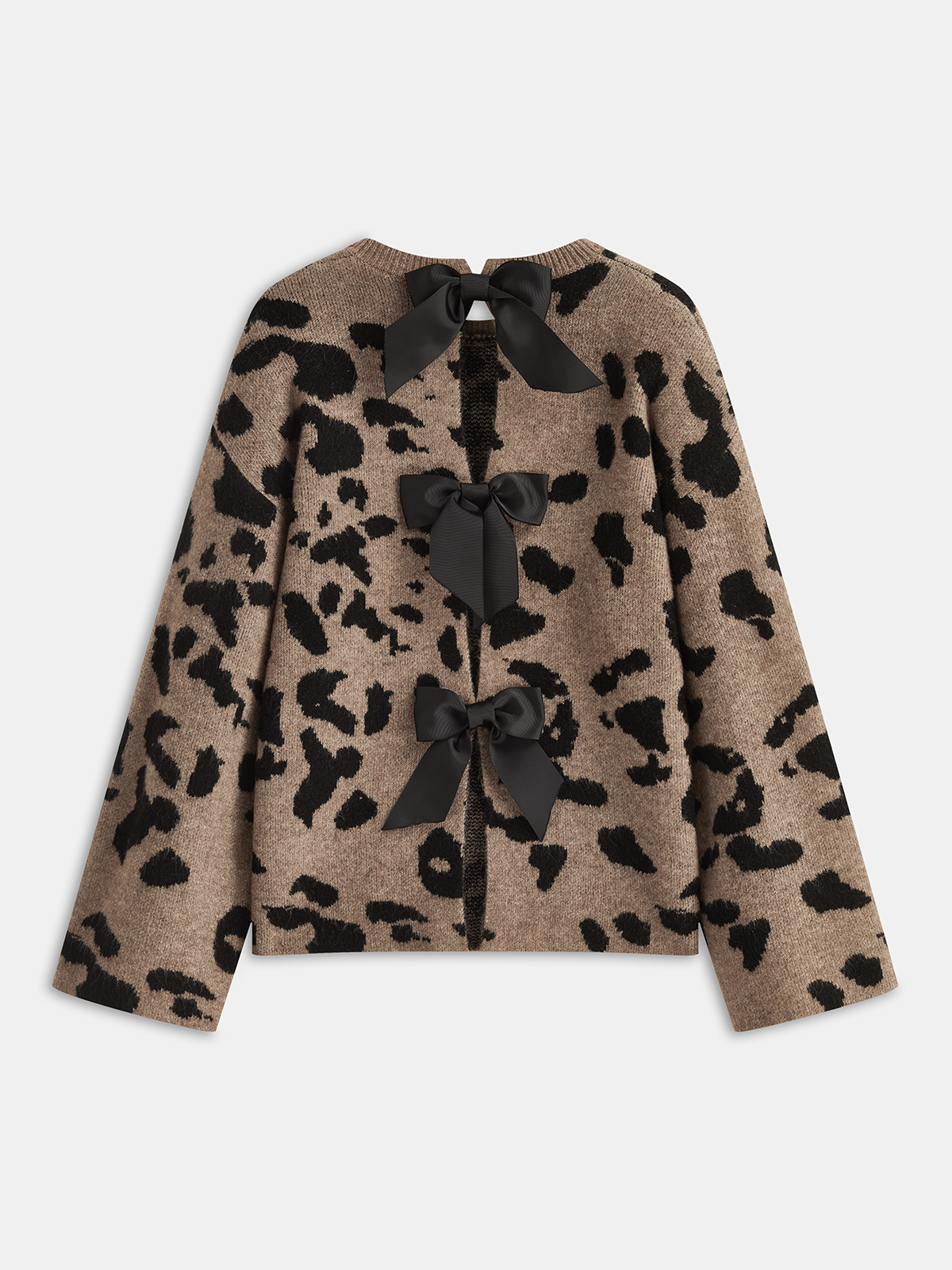 Bow Detail Leopard Print Knit Sweater Camel