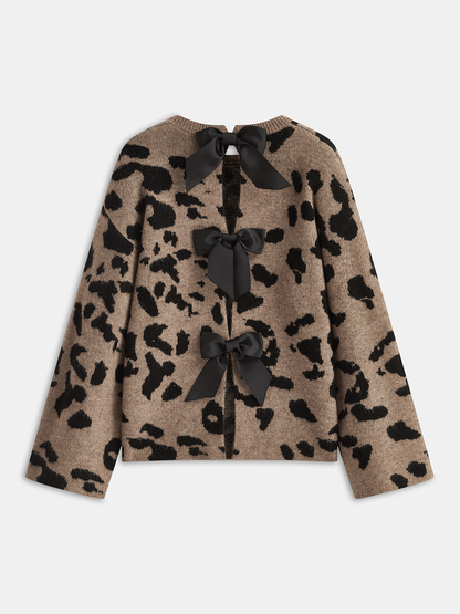 Bow Detail Leopard Print Knit Sweater Camel
