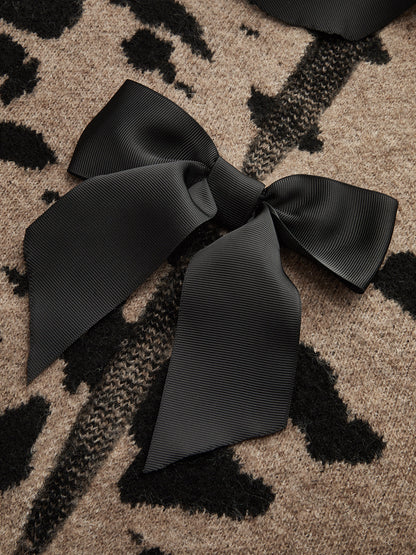 Bow Detail Leopard Print Knit Sweater Camel