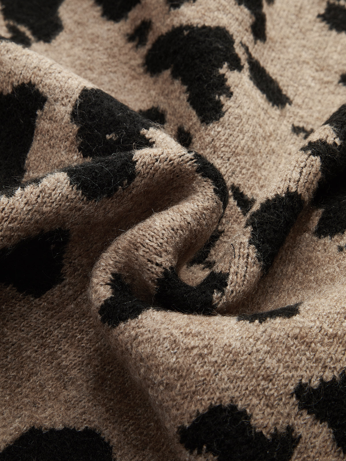 Bow Detail Leopard Print Knit Sweater Camel