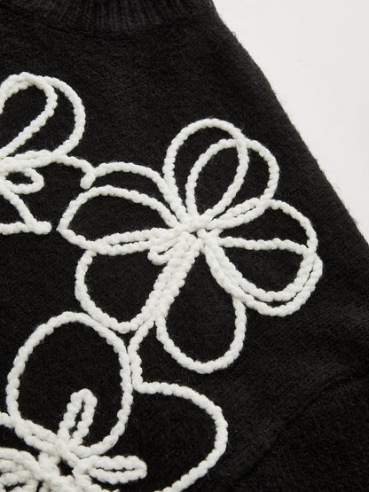 Floral Embroidery Wool-Blend Sweater Black