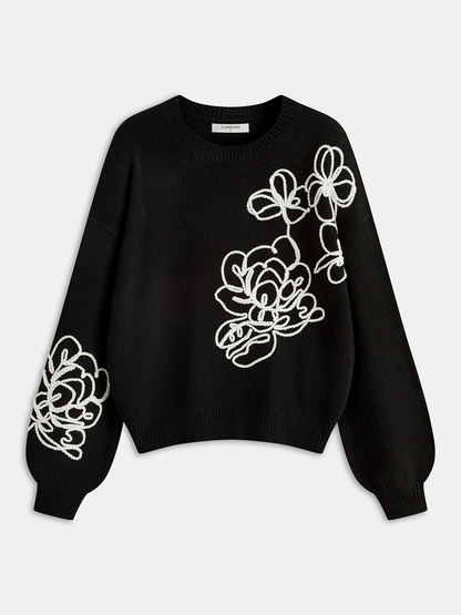 Floral Embroidery Wool-Blend Sweater Black
