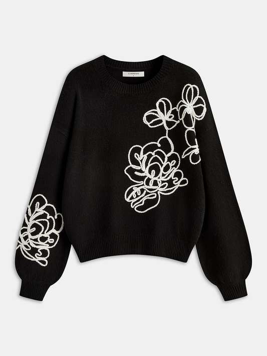 Floral Embroidery Wool-Blend Sweater Black