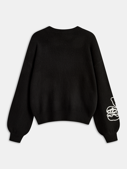 Floral Embroidery Wool-Blend Sweater Black