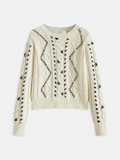 Contrast Stitch Cable Knit Sweater Off-White