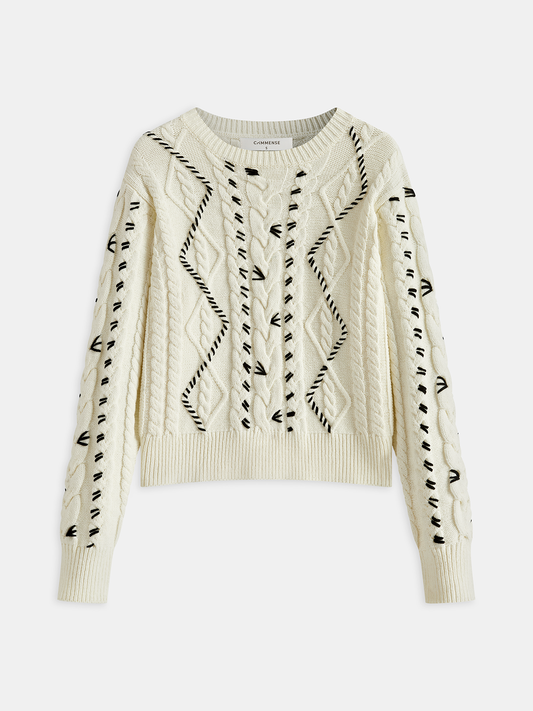 Contrast Stitch Cable Knit Sweater Off-White