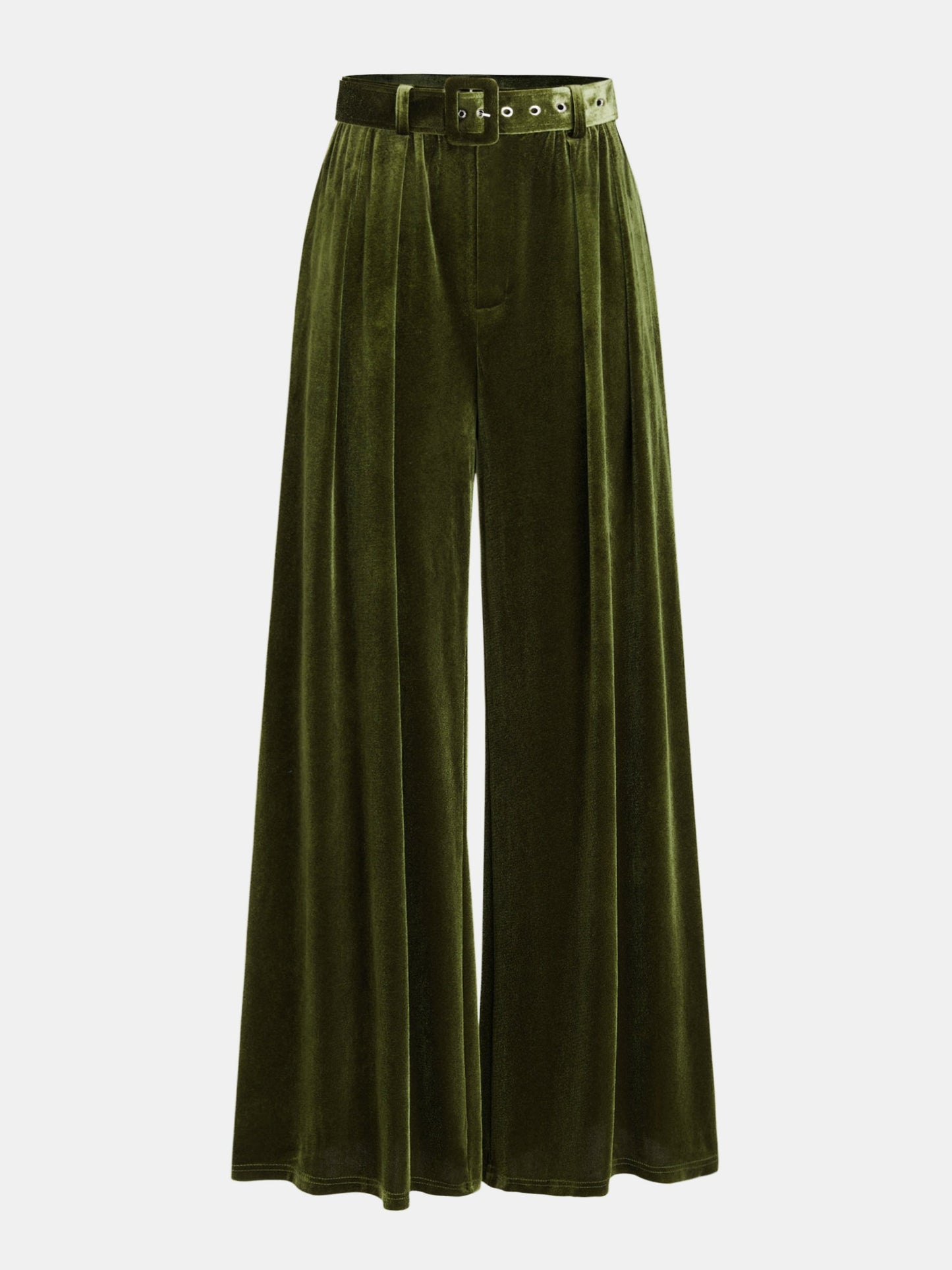 Belted Pleated Velvet Wide-Leg Pants Green