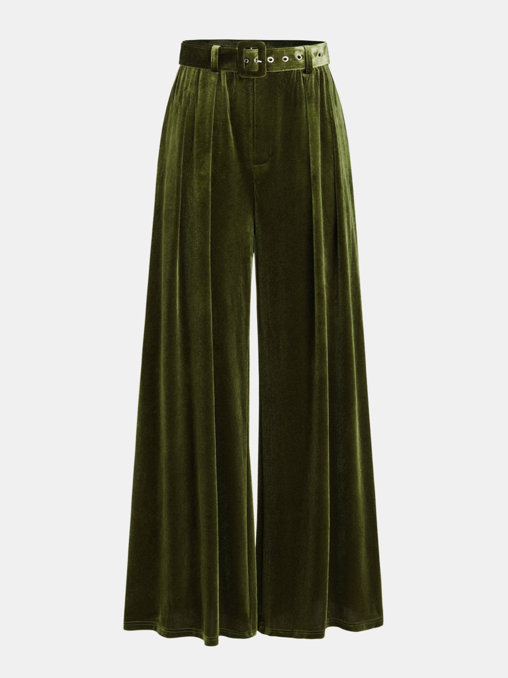 Belted Pleated Velvet Wide-Leg Pants Green