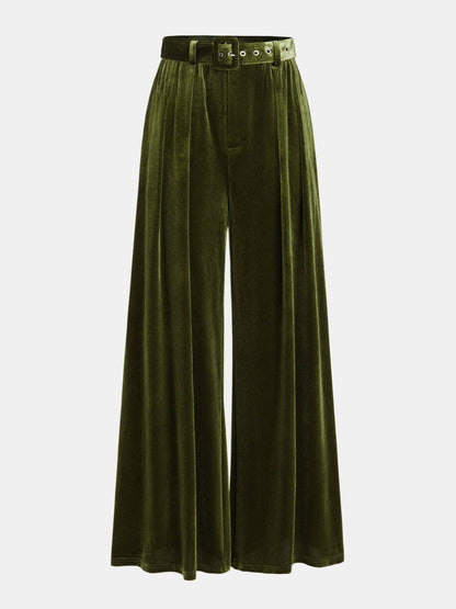 Belted Pleated Velvet Wide-Leg Pants Green