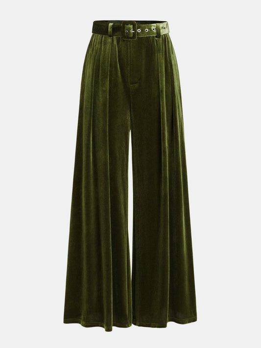 Belted Pleated Velvet Wide-Leg Pants Green
