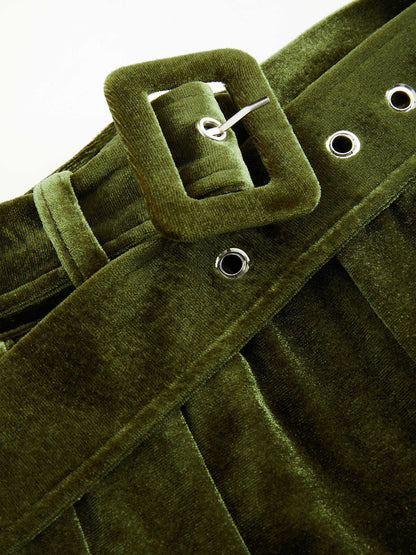Belted Pleated Velvet Wide-Leg Pants Green