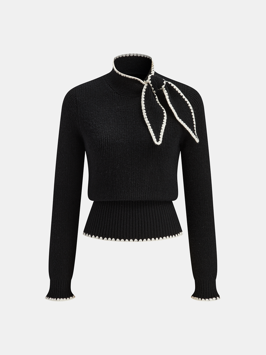 Mock Neck Tie Neck Contrast Stitch Sweater Black