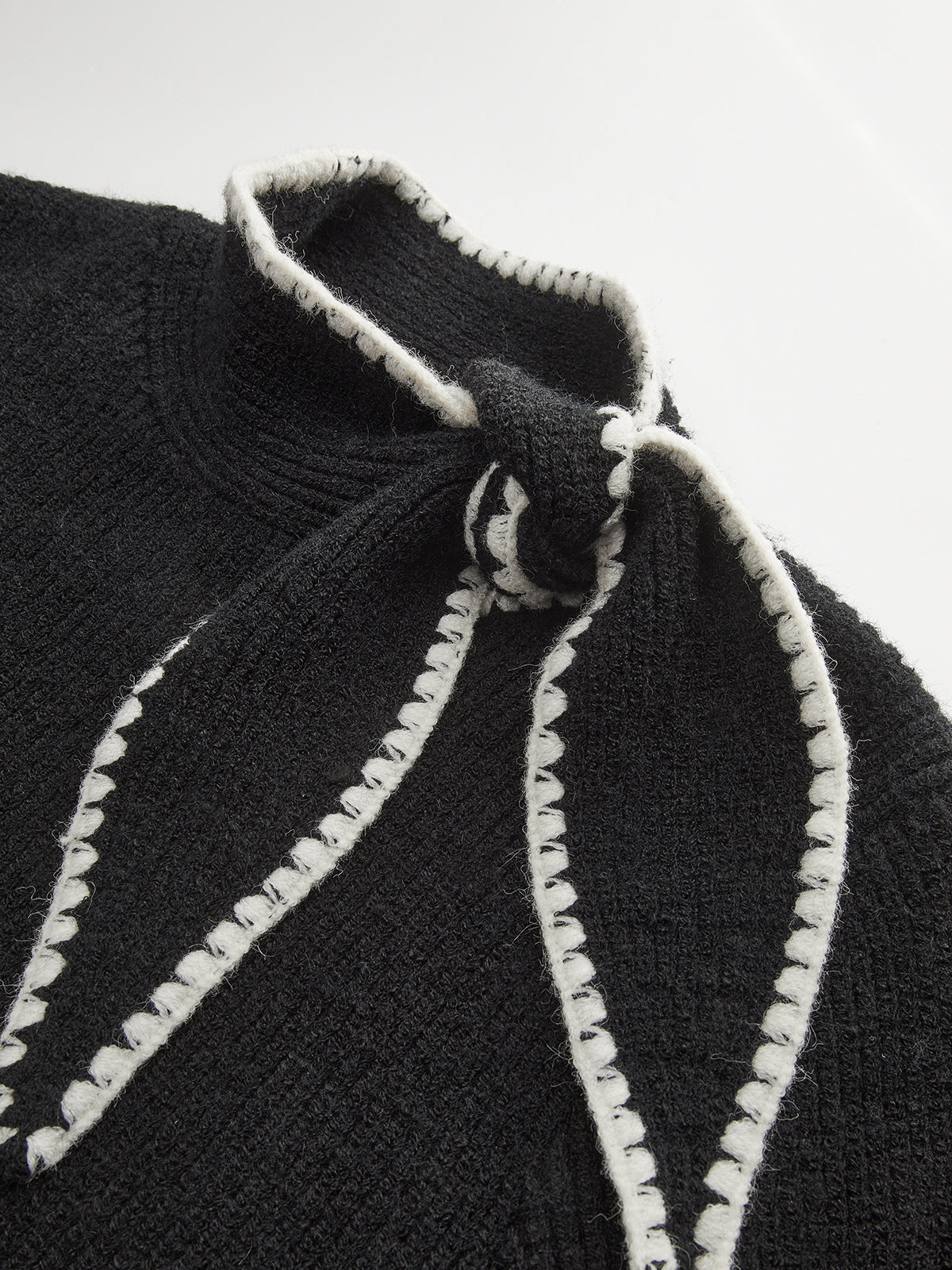 Mock Neck Tie Neck Contrast Stitch Sweater Black