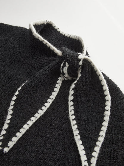Mock Neck Tie Neck Contrast Stitch Sweater Black