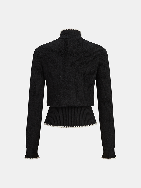 Mock Neck Tie Neck Contrast Stitch Sweater Black