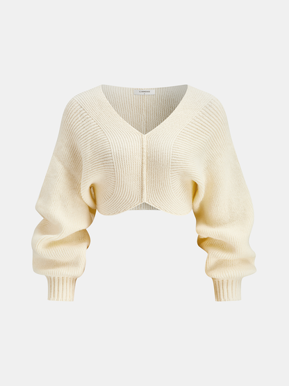 V-Neck Long-Sleeve Cropped Sweater Off-White