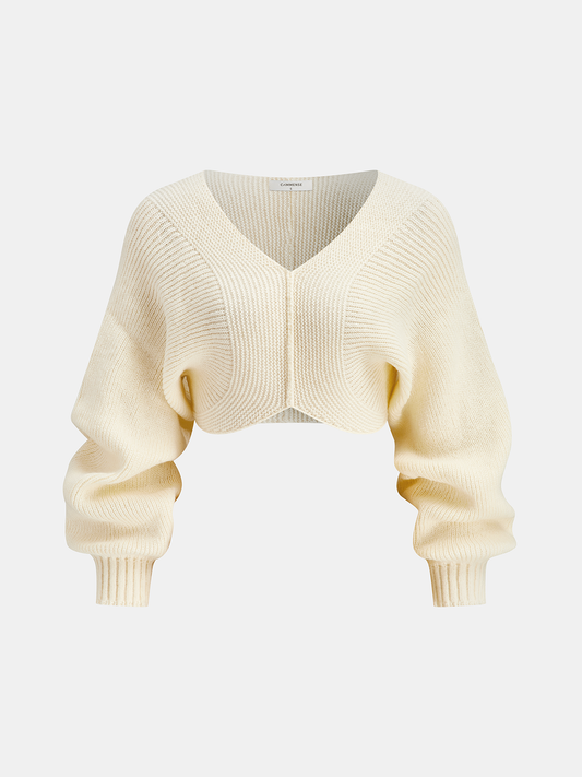 V-Neck Long-Sleeve Cropped Sweater Off-White