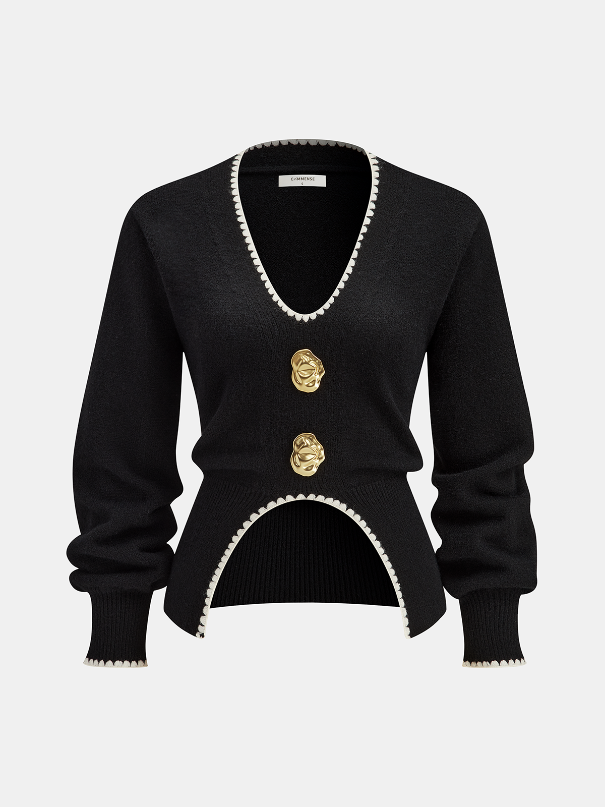 Buttoned Contrast Fringe Split Sweater Black