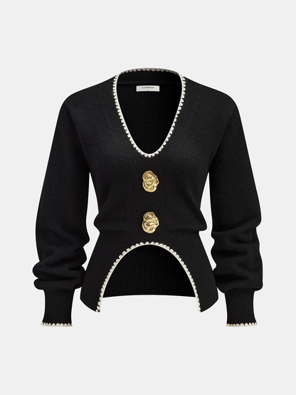 Buttoned Contrast Fringe Split Sweater Black