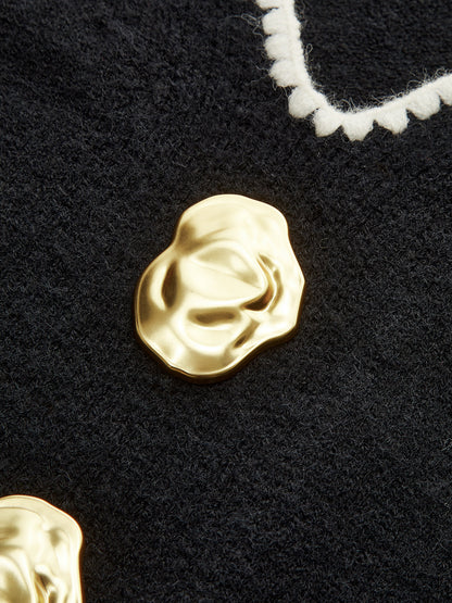 Buttoned Contrast Fringe Split Sweater Black