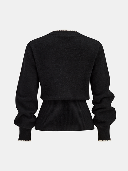 Buttoned Contrast Fringe Split Sweater Black