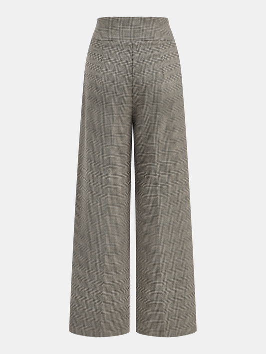 High-Waist Button Detail Plaid Wide-Leg Pants Grey