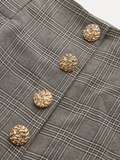 High-Waist Button Detail Plaid Wide-Leg Pants Grey