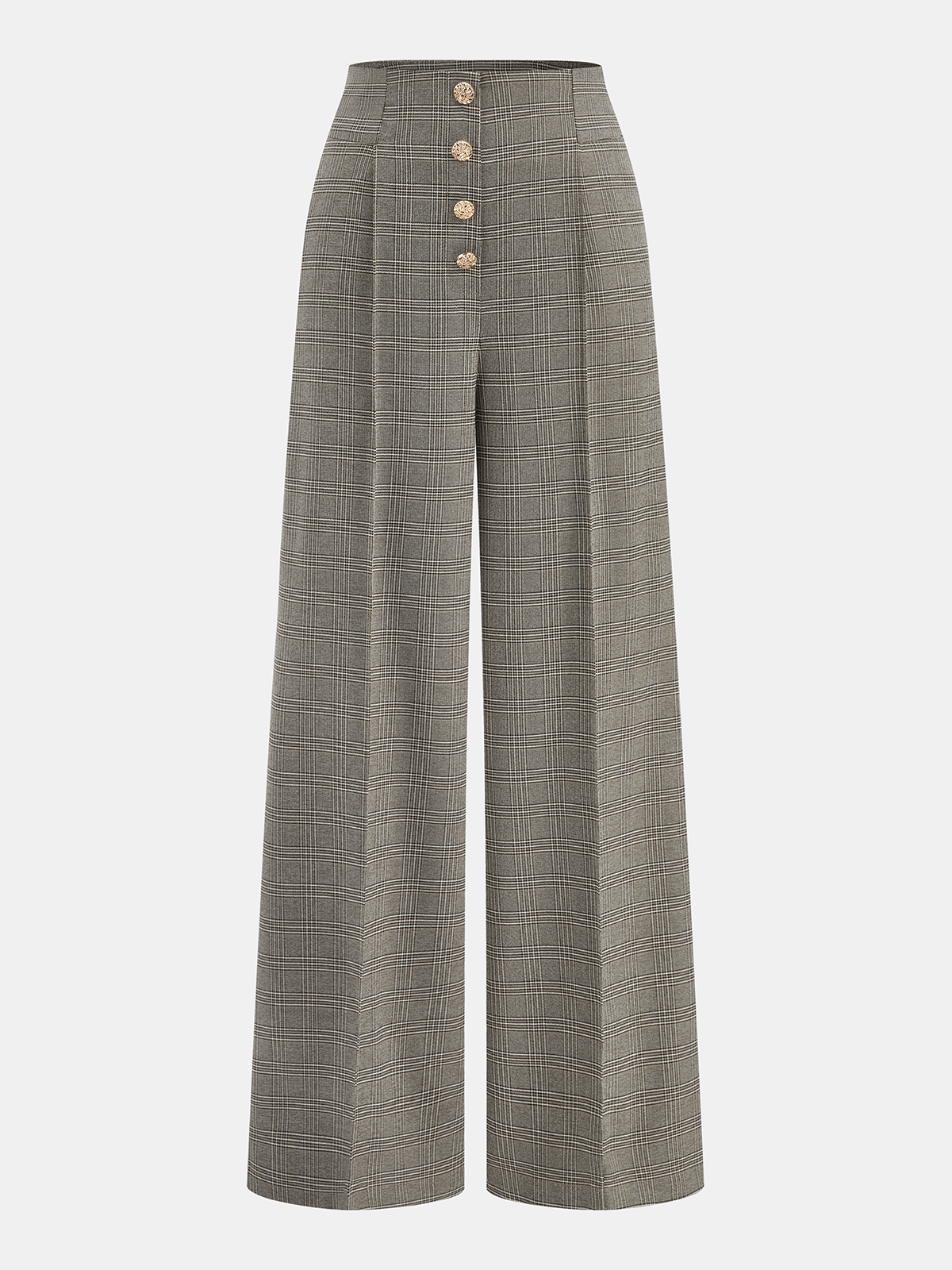 High-Waist Button Detail Plaid Wide-Leg Pants Grey