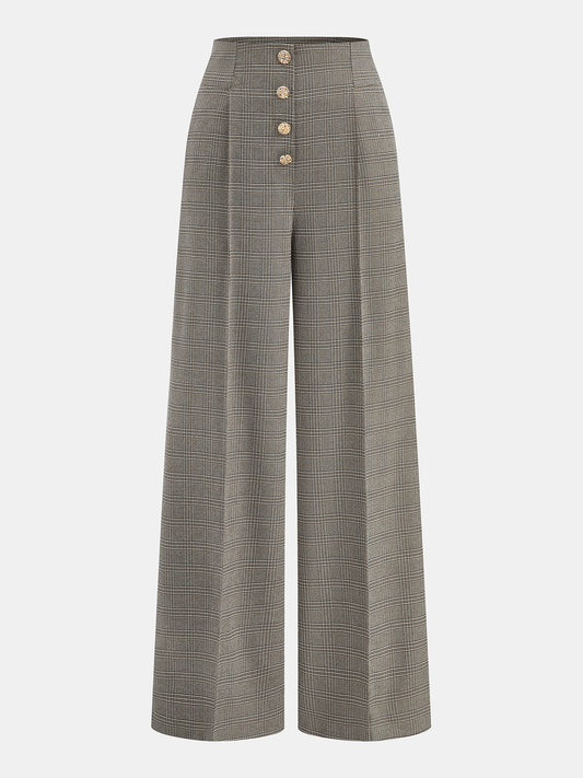 High-Waist Button Detail Plaid Wide-Leg Pants Grey
