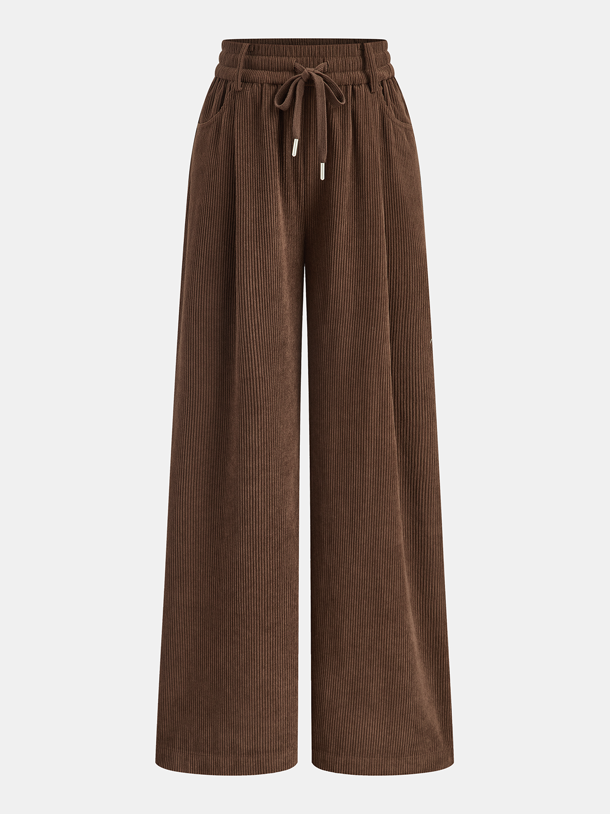 Mid-Waist Corduroy Wide-Leg Drawstring Pants Dark Brown