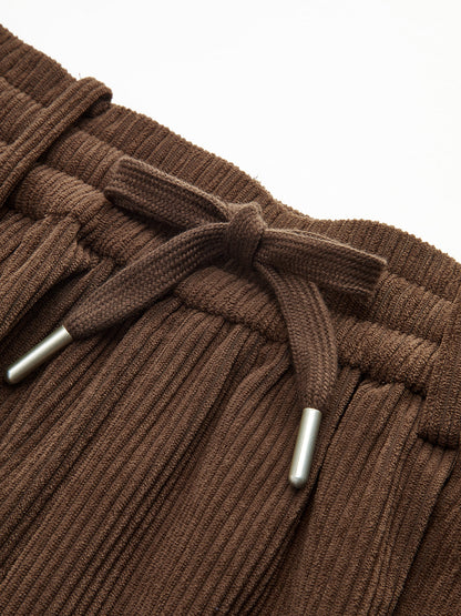Mid-Waist Corduroy Wide-Leg Drawstring Pants Dark Brown