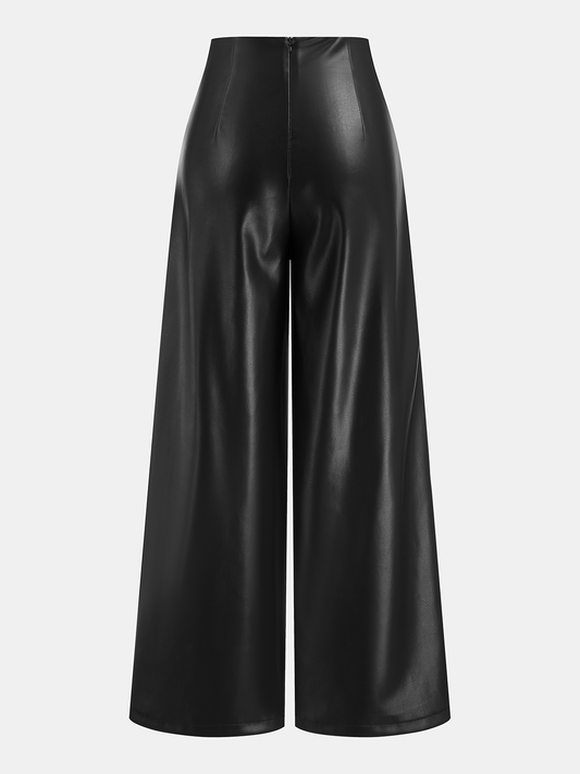 Cross Waistband PU Leather Wide-Leg Pants Black