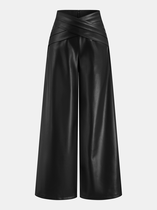Cross Waistband PU Leather Wide-Leg Pants Black