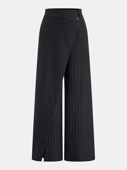 Wide-Leg Pinstriped Asymmetric Placket Pants Navy
