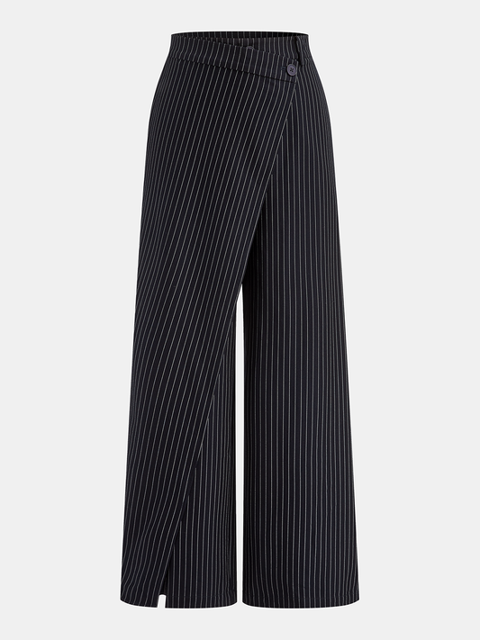 Wide-Leg Pinstriped Asymmetric Placket Pants Navy