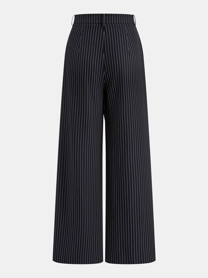 Wide-Leg Pinstriped Asymmetric Placket Pants Navy