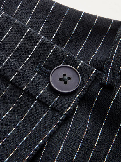 Wide-Leg Pinstriped Asymmetric Placket Pants Navy