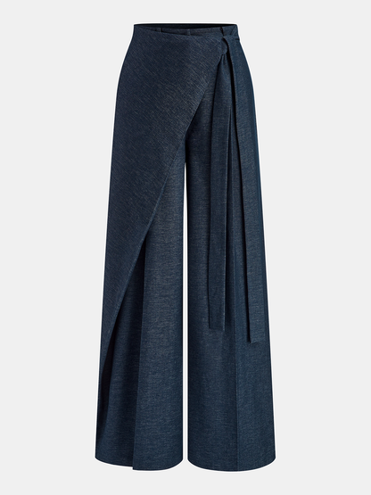 Asymmetric Wrap Wide-Leg Pants Navy