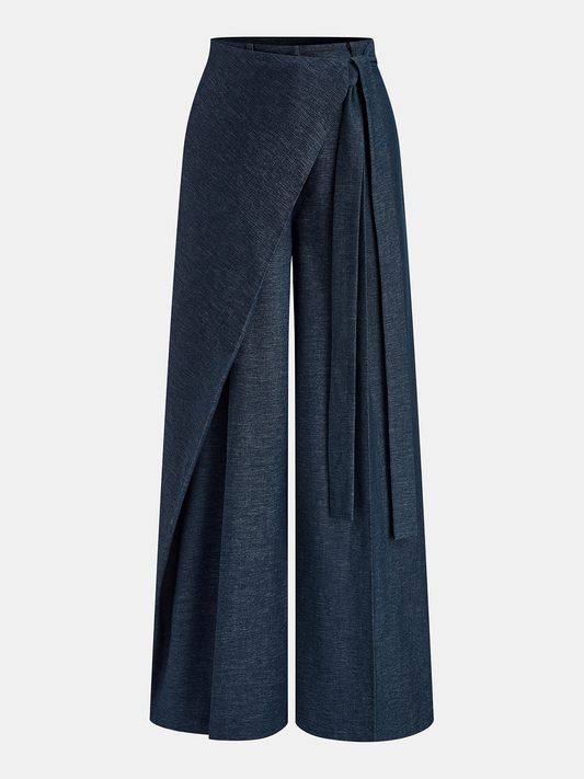 Asymmetric Wrap Wide-Leg Pants Navy