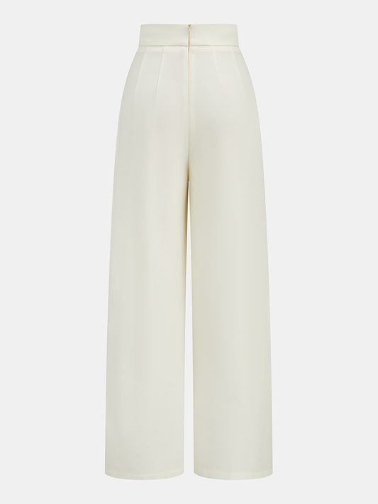 Mid-Waist Asymmetric Metal Detail Wide-Leg Pants Off-White