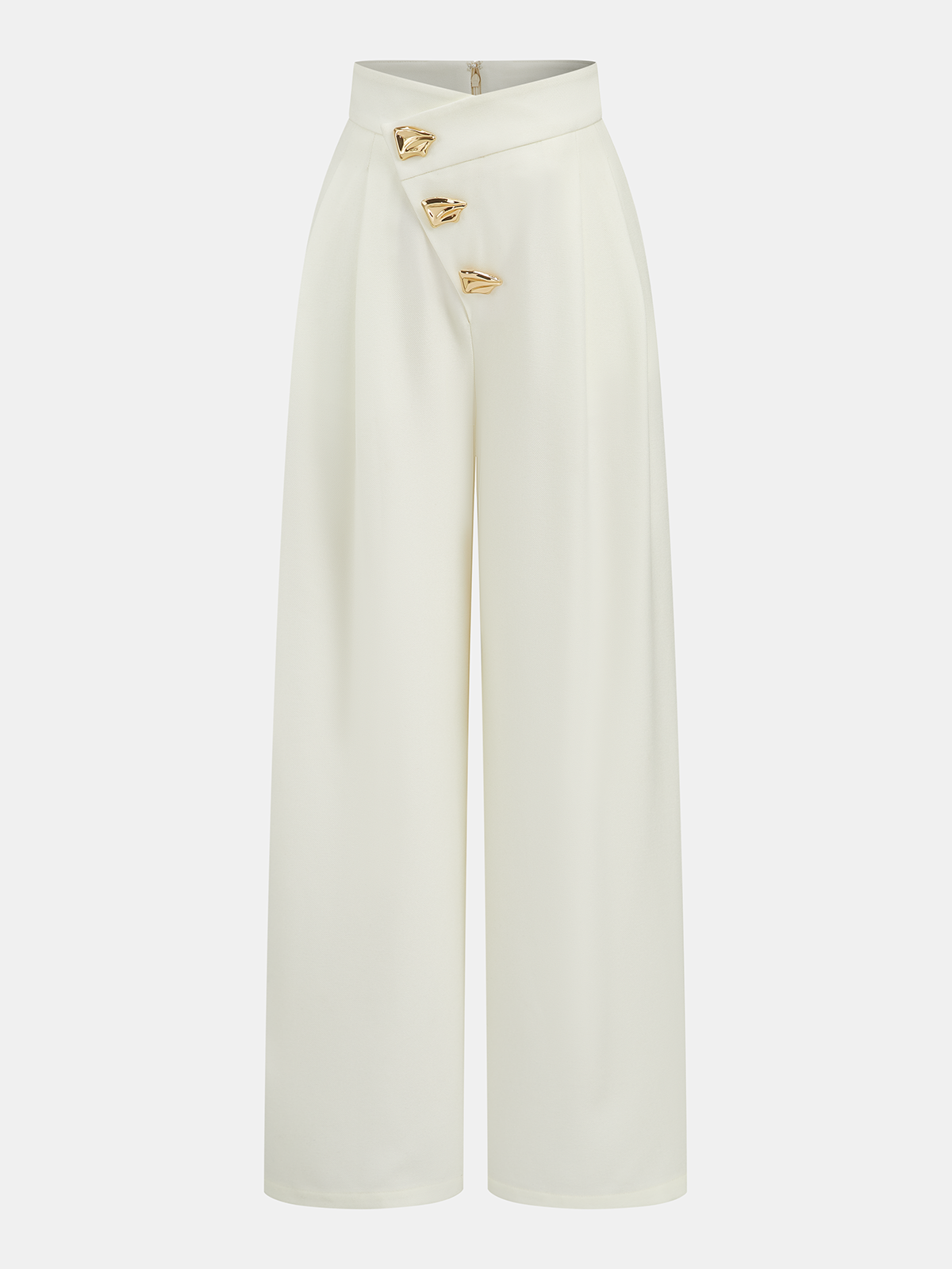 Mid-Waist Asymmetric Metal Detail Wide-Leg Pants Off-White