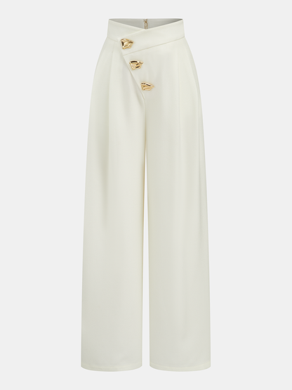 Mid-Waist Asymmetric Metal Detail Wide-Leg Pants Off-White