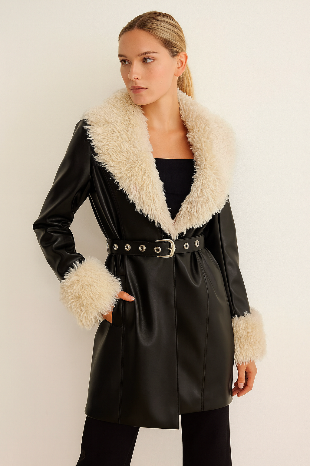 SORRENTO | BELTED FAUX FUR JACKET BLACK