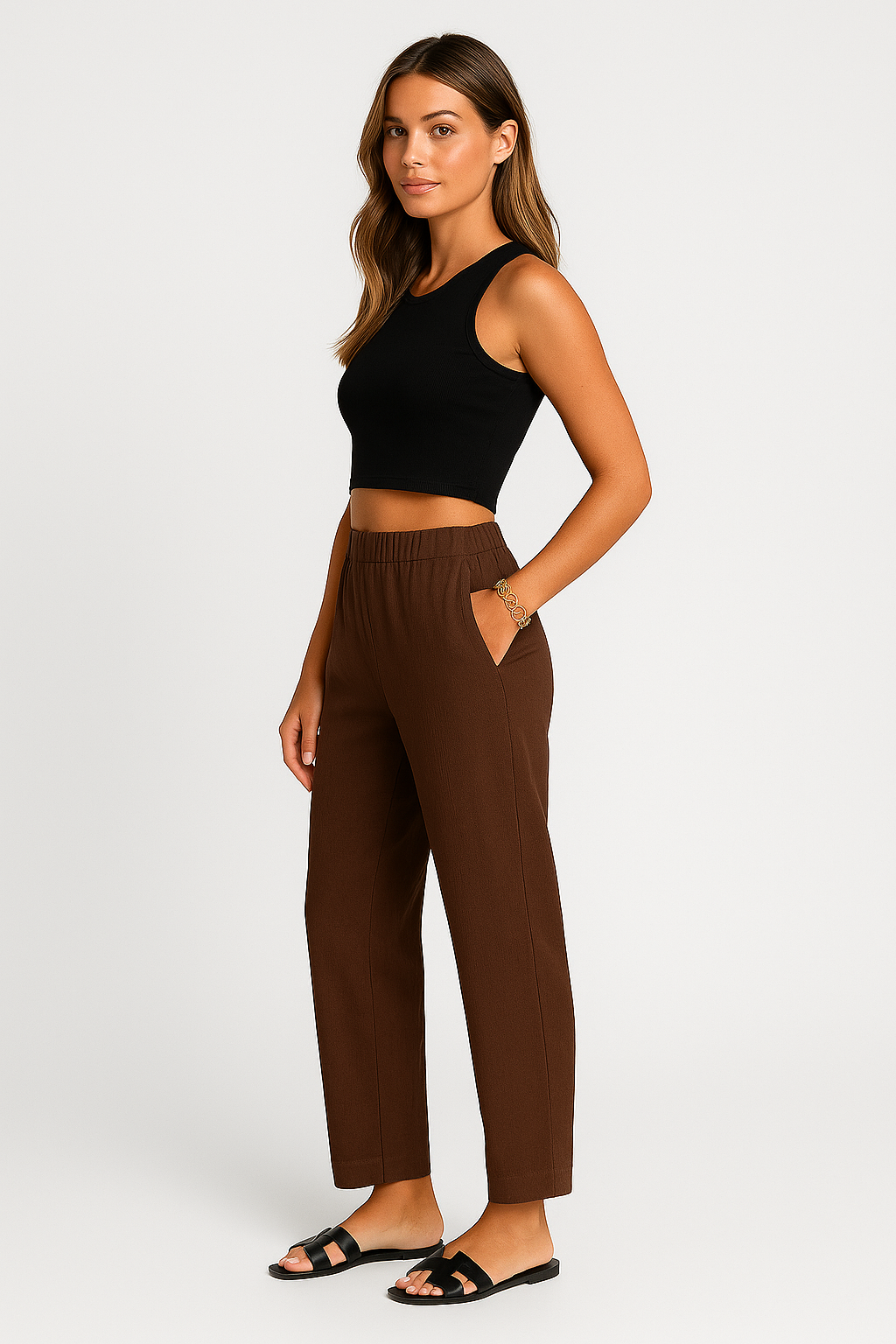 SORRENTO | LINEN CROPPED PANTS BROWN