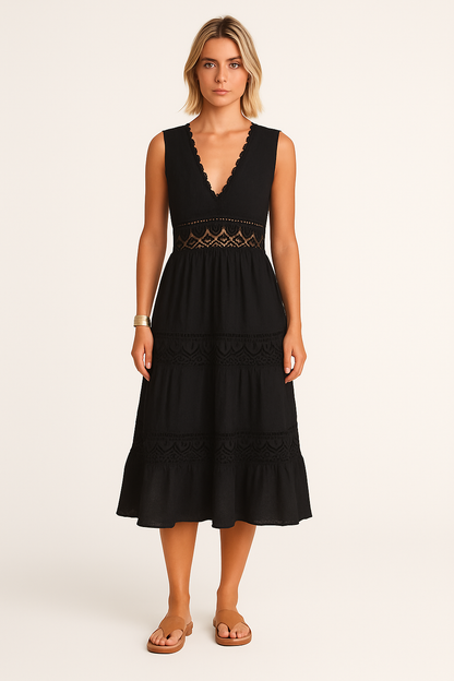 LYVIA | FEMINE EMBROIDERED FLOWY DRESS BLACK