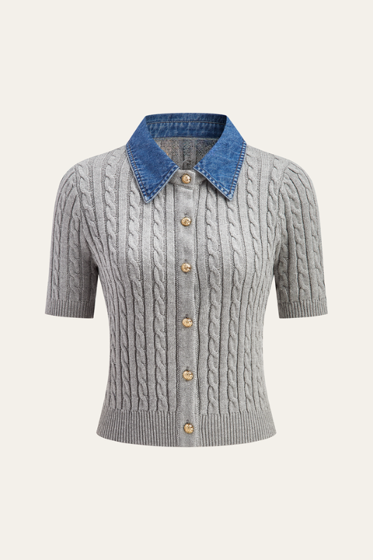 CÉLINE | SHORT SLEEVE CABLE KNIT X DENIM COLLAR